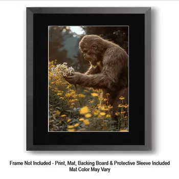 Bigfoot Holding Bouquet - Bigfoot and Sasquatch Wall Art Prints – 8″x10″ Artwork in 11″x14″ Mat