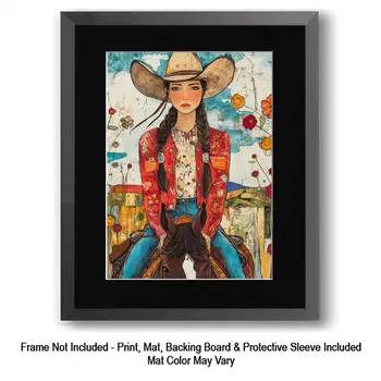 Cowboy Side Saddle with Flower Folk Art - Cowgirl and Cowboy Folk Art Prints  8"x10" Artwork for 11"x14" Frame