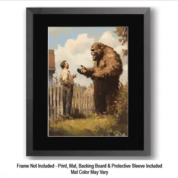 Bigfoot Chatting with Neighbor - Monster Art Prints – 8″x10″ Artwork for 11″x14″ Frame