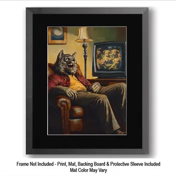 Wolfman Watching TV - Monster Art Prints – 8″x10″ Artwork for 11″x14″ Frame
