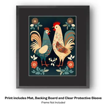 Folk Art Proud Rooster - Folk Art Prints – 8″x10″ Artwork in 11″x14″ Mat