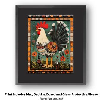 Folk Art Proud Rooster - Folk Art Prints – 8″x10″ Artwork in 11″x14″ Mat