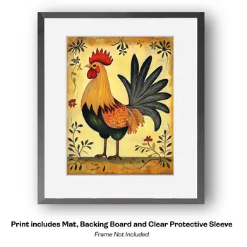 Folk Art Proud Rooster - Folk Art Prints – 8″x10″ Artwork in 11″x14″ Mat