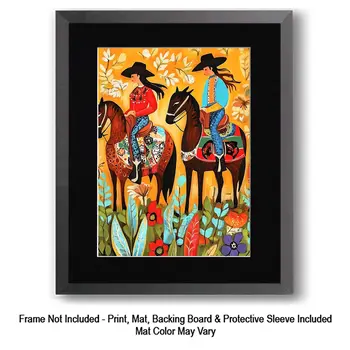Two Cowgirls with Fancy Saddles Folk Art - Cowgirl and Cowboy Folk Art Prints  8"x10" Artwork for 11"x14" Frame
