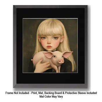 Little Girl and Piglet Pet: Big Eyes, Low Brow, High Brow Art Wall Prints 8"x10" for 11" x 14" Frames