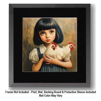 Little Farm Girl And Pet Hens: Big Eyes, Low Brow, High Brow Art Wall Prints 8"x10" for 11" x 14" Frames