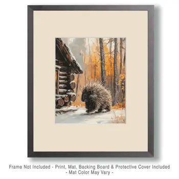 Startled Porcupine - Log Cabin Companions Wall Art Prints – 8″x10″ Artwork for 11″x14″ Frame