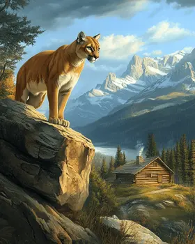 Mountain Lion Overlook - Log Cabin Companions Wall Art Prints – 8″x10″ Artwork for 11″x14″ Frame