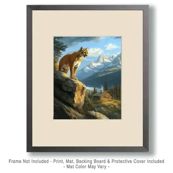 Mountain Lion Overlook - Log Cabin Companions Wall Art Prints – 8″x10″ Artwork for 11″x14″ Frame