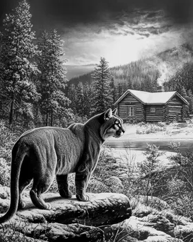 Pencil Sketch of Mountain Lion in the Backyard - Log Cabin Companions Wall Art Prints – 8″x10″ Artwork for 11″x14″ Frame