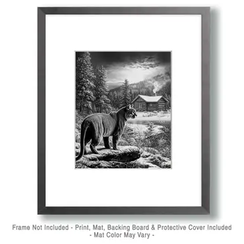 Pencil Sketch of Mountain Lion in the Backyard - Log Cabin Companions Wall Art Prints – 8″x10″ Artwork for 11″x14″ Frame