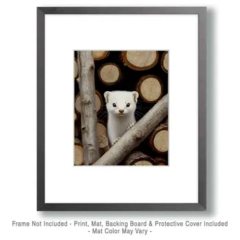 Ermine - Winter Weasel - Log Cabin Companions Wall Art Prints – 8″x10″ Artwork for 11″x14″ Frame