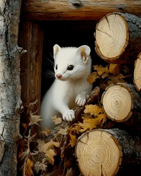 Ermine in the Woodpile - Log Cabin Companions Wall Art Prints – 8″x10″ Artwork for 11″x14″ Frame
