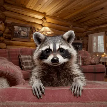 Raccoon in the Lodge - Log Cabin Companions Wall Art Prints – 8″x10″ Artwork for 11″x14″ Frame