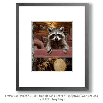 Raccoon in the Lodge - Log Cabin Companions Wall Art Prints – 8″x10″ Artwork for 11″x14″ Frame