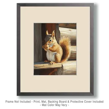 Squirrel Having Lunch - Log Cabin Companions Wall Art Prints – 8″x10″ Artwork for 11″x14″ Frame
