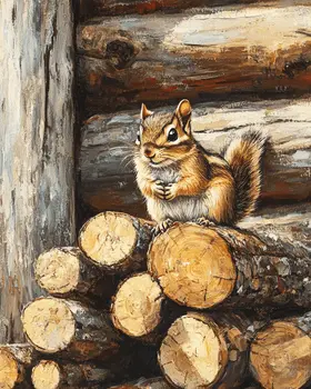 Chipmunk on Woodpile - Log Cabin Companions Wall Art Prints – 8″x10″ Artwork for 11″x14″ Frame