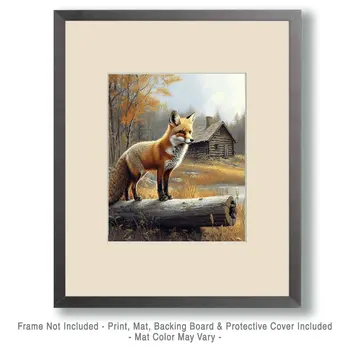 Red Fox in the Backyard - Log Cabin Companions Wall Art Prints – 8″x10″ Artwork for 11″x14″ Frame