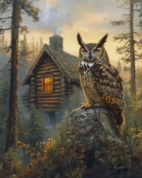 Great Horned Owl in the Backyard - Log Cabin Companions Wall Art Prints – 8″x10″ Artwork for 11″x14″ Frame