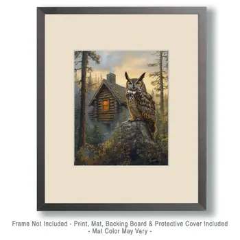 Great Horned Owl in the Backyard - Log Cabin Companions Wall Art Prints – 8″x10″ Artwork for 11″x14″ Frame