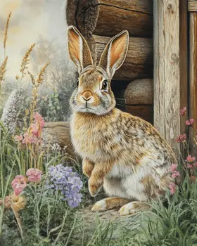 Rabbit in the Backyard - Log Cabin Companions Wall Art Prints – 8″x10″ Artwork for 11″x14″ Frame
