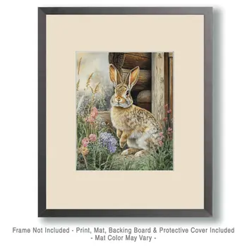 Rabbit in the Backyard - Log Cabin Companions Wall Art Prints – 8″x10″ Artwork for 11″x14″ Frame