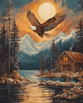 Evening Bald Eagle Flying Above Lake - Log Cabin Companions Wall Art Prints – 8″x10″ Artwork for 11″x14″ Frame