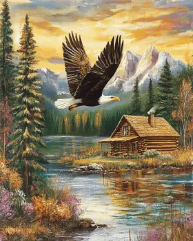 Bald Eagle Flying Above Lake - Log Cabin Companions Wall Art Prints – 8″x10″ Artwork for 11″x14″ Frame
