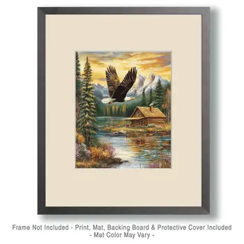 Bald Eagle Flying Above Lake - Log Cabin Companions Wall Art Prints – 8″x10″ Artwork for 11″x14″ Frame