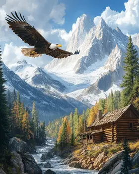 High Flying Bald Eagle - Log Cabin Companions Wall Art Prints – 8″x10″ Artwork for 11″x14″ Frame