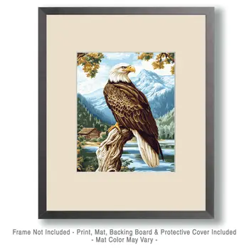 Bald Eagle Perched Above Lake - Log Cabin Companions Wall Art Prints – 8″x10″ Artwork for 11″x14″ Frame