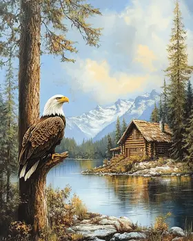 Bald Eagle Overlooking Homestead - Log Cabin Companions Wall Art Prints – 8″x10″ Artwork for 11″x14″ Frame