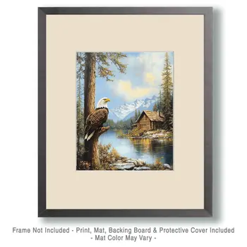 Bald Eagle Overlooking Homestead - Log Cabin Companions Wall Art Prints – 8″x10″ Artwork for 11″x14″ Frame