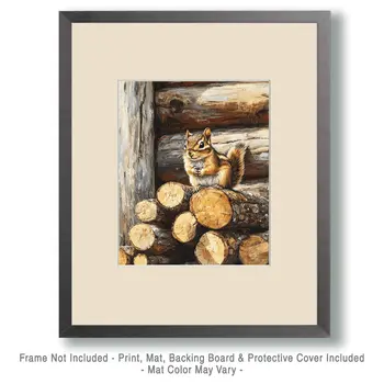 Chipmunk on Woodpile - Log Cabin Companions Wall Art Prints – 8″x10″ Artwork for 11″x14″ Frame