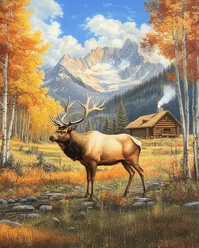 Elk in Backyard - Log Cabin Companions Wall Art Prints – 8″x10″ Artwork for 11″x14″ Frame