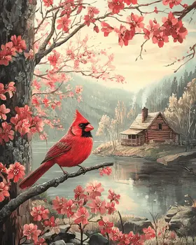 Cardinal and Homestead - Log Cabin Companions Wall Art Prints – 8″x10″ Artwork for 11″x14″ Frame