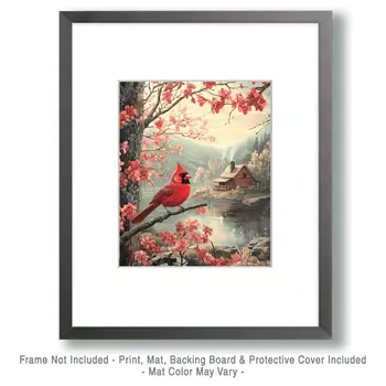 Cardinal and Homestead - Log Cabin Companions Wall Art Prints – 8″x10″ Artwork for 11″x14″ Frame