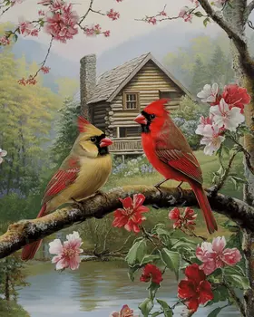 Pair of Cardinals by Homestead - Log Cabin Companions Wall Art Prints – 8″x10″ Artwork for 11″x14″ Frame