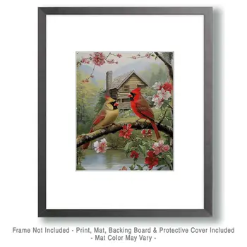 Pair of Cardinals by Homestead - Log Cabin Companions Wall Art Prints – 8″x10″ Artwork for 11″x14″ Frame