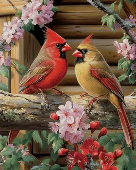 Pair of Cardinals in Spring - Log Cabin Companions Wall Art Prints – 8″x10″ Artwork for 11″x14″ Frame