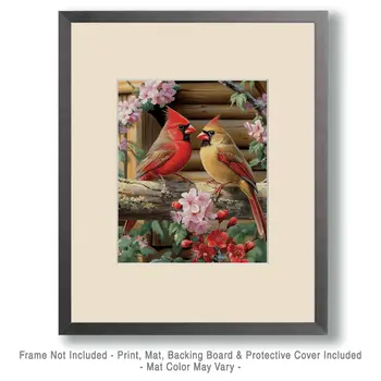 Pair of Cardinals in Spring - Log Cabin Companions Wall Art Prints – 8″x10″ Artwork for 11″x14″ Frame