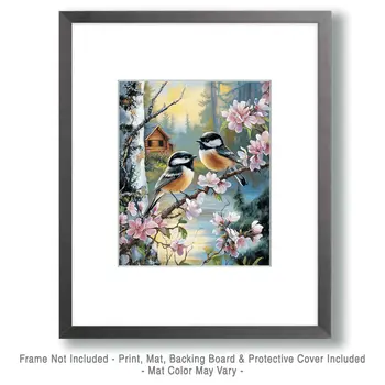 Pair of Chickadees in Homestead Yard - Log Cabin Companions Wall Art Prints – 8″x10″ Artwork for 11″x14″ Frame
