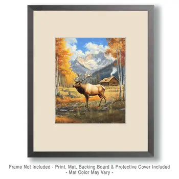 Elk in Backyard - Log Cabin Companions Wall Art Prints – 8″x10″ Artwork for 11″x14″ Frame