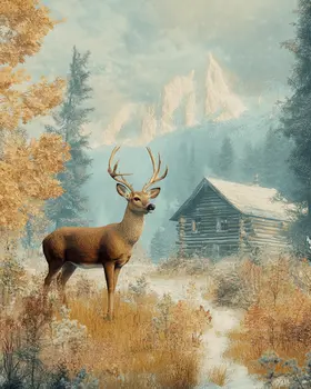 Buck Deer in Backyard - Log Cabin Companions Wall Art Prints – 8″x10″ Artwork for 11″x14″ Frame