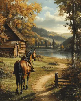 Horse Awaiting - Log Cabin Companions Wall Art Prints – 8″x10″ Artwork for 11″x14″ Frame