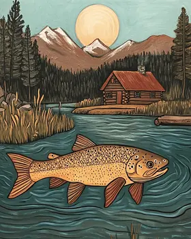 Folk Art Trout and Cabin - Log Cabin Companions Wall Art Prints – 8″x10″ Artwork for 11″x14″ Frame