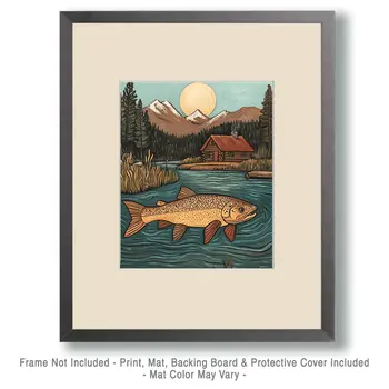 Folk Art Trout and Cabin - Log Cabin Companions Wall Art Prints – 8″x10″ Artwork for 11″x14″ Frame