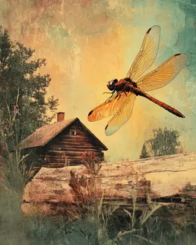 Vintage Dragonfly and Cabin - Log Cabin Companions Wall Art Prints – 8″x10″ Artwork for 11″x14″ Frame