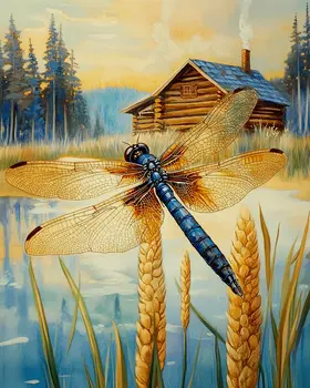 Dragonfly with Cabin - Log Cabin Companions Wall Art Prints – 8″x10″ Artwork for 11″x14″ Frame