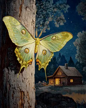 Luna Moth and Cabin - Log Cabin Companions Wall Art Prints – 8″x10″ Artwork for 11″x14″ Frame